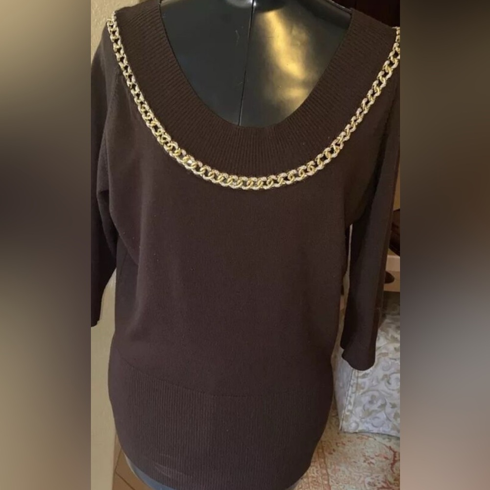 Cache Brown and Gold Crew Neck Sweater with Chain Detail